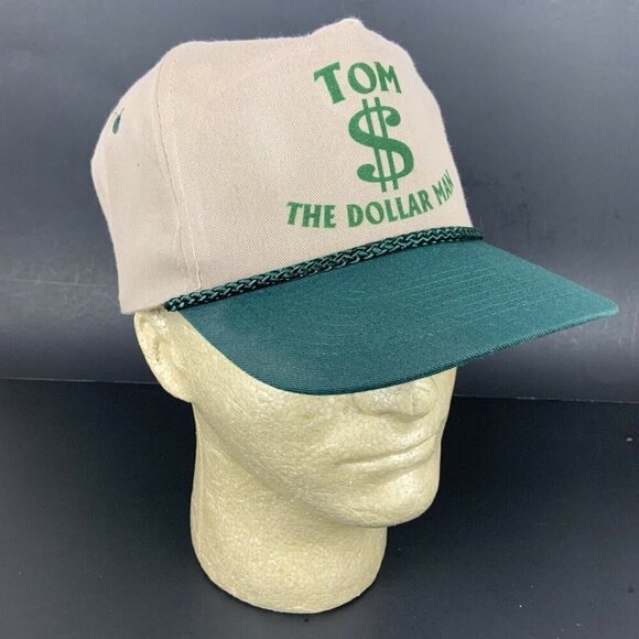 Vintage 80s Tom The Dollar Man Snapback Hat Cap Rope Accent Beige Green - Picture 2 of 7